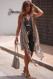 Khaki Western Fashion Print Sleeveless Kimono