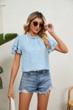 Plain Jacquard Spot Frilled Collar Double Ruffles Sleeves Top