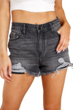 Black Blue Distressed Frayed Denim Shorts
