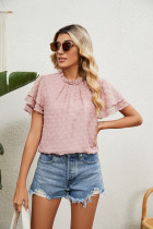 Plain Jacquard Spot Frilled Collar Double Ruffles Sleeves Top