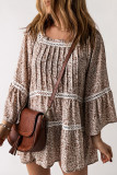 Beige Floral Hollowed Lace Trim Loose Tunic Top