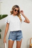 Plain Jacquard Spot Frilled Collar Double Ruffles Sleeves Top