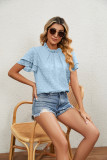 Plain Jacquard Spot Frilled Collar Double Ruffles Sleeves Top