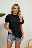 Plain Jacquard Spot Frilled Collar Double Ruffles Sleeves Top