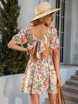 Square Neck Backless Back Knot Floral Dress