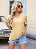 Eyelet Pattern Plain V Neck Puffy Sleeves Blouse Top