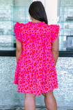 Rose Leopard Print Frilled Sleeveless Plus Size Mini Dress