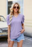 Eyelet Pattern Plain V Neck Puffy Sleeves Blouse Top