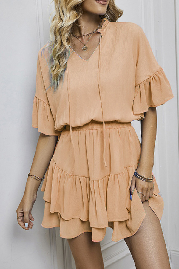 Drawstring Flare Sleeves Ruffle Mini Dress