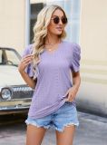 Eyelet Pattern Plain V Neck Puffy Sleeves Blouse Top