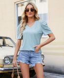Eyelet Pattern Plain V Neck Puffy Sleeves Blouse Top