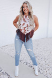 White Cow Printed Fringe Hem Tank Top