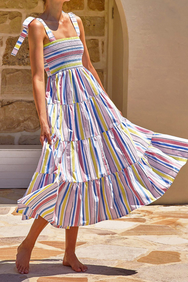 Colorful Stripes Splicing Tiered Sling Dress