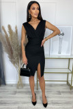 Black Pleated Sleeveless Empire Waist Sheath Dress with Slit