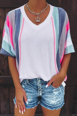 White Stripe Patchwork V Neck T Shirt