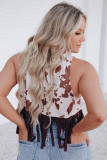 White Cow Printed Fringe Hem Tank Top