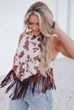 White Cow Printed Fringe Hem Tank Top