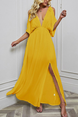 Cold Shoulder Deep V Neck Split Maxi Dress