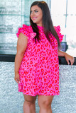 Rose Leopard Print Frilled Sleeveless Plus Size Mini Dress