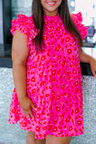 Rose Leopard Print Frilled Sleeveless Plus Size Mini Dress