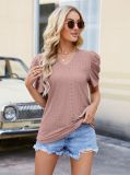 Eyelet Pattern Plain V Neck Puffy Sleeves Blouse Top