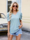 Eyelet Pattern Plain V Neck Puffy Sleeves Blouse Top