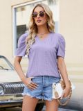 Eyelet Pattern Plain V Neck Puffy Sleeves Blouse Top
