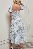Square Neck Puff Sleeves Flower Split Dress