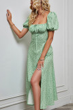 Square Neck Puff Sleeves Flower Split Dress