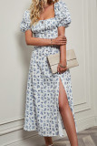 Square Neck Puff Sleeves Flower Split Dress