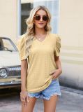 Eyelet Pattern Plain V Neck Puffy Sleeves Blouse Top
