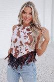 White Cow Printed Fringe Hem Tank Top