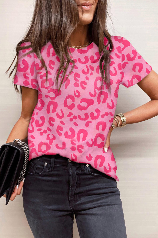 Leopard Print Crew Neck Short Sleeve T Shirt