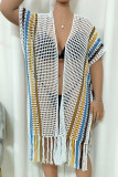 Hollow Out Knit Striped Splicing Open Kimono