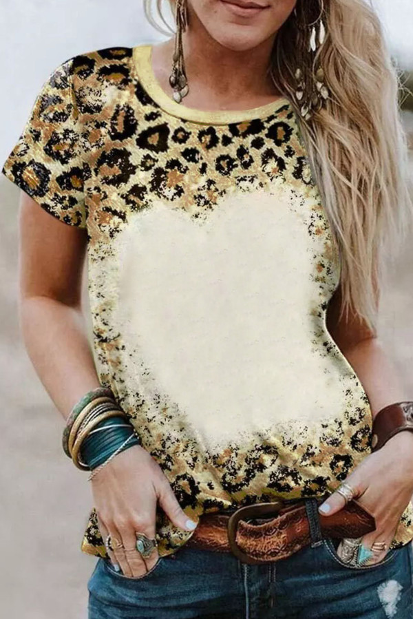 Leopard Bleached O-neck Short Sleeve T Shirt