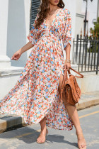 Pink Floral V Neck Flare Sleeves Split Maxi Dress