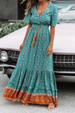 V Neck Buttoned Boho Print Maxi Dress