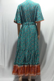 V Neck Buttoned Boho Print Maxi Dress