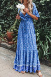 V Neck Buttoned Boho Print Maxi Dress