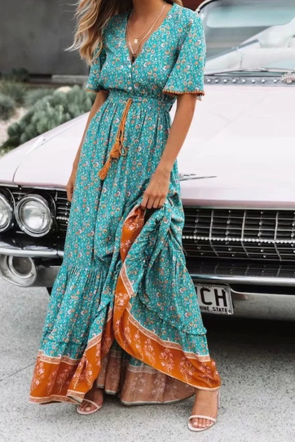 V Neck Buttoned Boho Print Maxi Dress