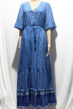 V Neck Buttoned Boho Print Maxi Dress