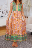 V Neck Buttoned Drawstring Bohemian Print Maxi Dress