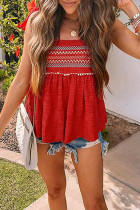 Red Embroidered Babydoll Tie Strap Tank Top