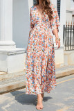Pink Floral V Neck Flare Sleeves Split Maxi Dress