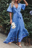 V Neck Buttoned Boho Print Maxi Dress