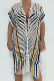 Hollow Out Knit Striped Splicing Open Kimono