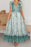 V Neck Buttoned Drawstring Bohemian Print Maxi Dress