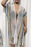 Hollow Out Knit Striped Splicing Open Kimono