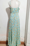 Green Floral Buttoned Irregular Length Ruffle Hem Cami Dress