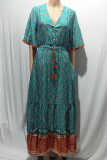 V Neck Buttoned Boho Print Maxi Dress
